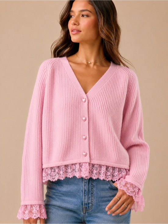 Altar'd State Sweaters - Altar’d State Pink Coquette Cardigan Lace Trim Heart Button Balletcore Sweater S